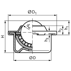 Kugelrolle 340 mit Stahlblechgehäuse Kugeldurchmesser 22mm Kugel aus Edelstahl rostfrei , Technische Zeichnung