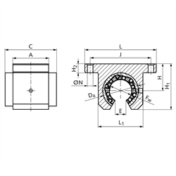 Linearlagereinheit KG-3-KO ISO-Reihe 3 mit Linear-Kugellager mit Winkelausgleich mit Doppellippendichtung für Wellen-Ø 50mm offene Ausführung, Technische Zeichnung