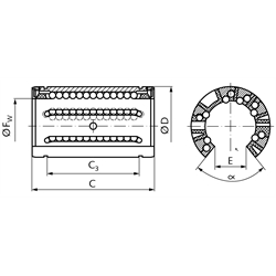 Offene Linearkugellager KB-3-O ISO-Reihe 3 Premium mit Doppellippendichtung für Wellen-Ø 50mm, Technische Zeichnung