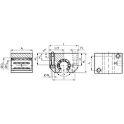 Offene Linearlagereinheit KG-3-O ISO-Reihe 3 Premium mit offenem Linear-Kugellager mit Winkelausgleich mit Doppellippendichtung für Wellen-Ø 40mm, Technische Zeichnung