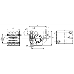 Linearlagereinheit KG-3 ISO-Reihe 3 Premium mit geschlossenem Linear-Kugellager mit Winkelausgleich mit Doppellippendichtung für Wellen-Ø 25mm, Technische Zeichnung