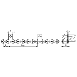 Flachlaschen-Rollenkette 06 B-1-M1, 6xp mit einseitigen schmalen Flachlaschen mit 1 Befestigungsbohrung am Aussenglied im Abstand 6xp , Technische Zeichnung