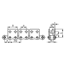 Rostfreie Flachlaschen-Rollenkette10 B-1-M2, 2xp mit beidseitigen breiten Flachlaschen mit 2 Befestigungsbohrungen am Aussenglied im Abstand 2xp Edelstahl 1.4301, Technische Zeichnung