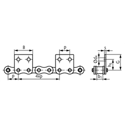 Flachlaschen-Rollenkette 08 B-1-M2, 4xp mit einseitigen breiten Flachlaschen mit 2 Befestigungsbohrungen am Aussenglied im Abstand 4xp , Technische Zeichnung