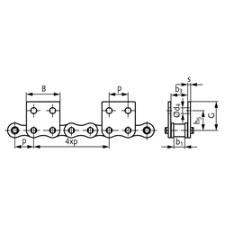 Flachlaschen-Rollenkette16 B-1-M2, 4xp mit beidseitigen breiten Flachlaschen mit 2 Befestigungsbohrungen am Aussenglied im Abstand 4xp , Technische Zeichnung