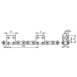 Flachlaschen-Rollenkette 06 B-1-M2, 6xp mit beidseitigen breiten Flachlaschen mit 2 Befestigungsbohrungen am Aussenglied im Abstand 6xp , Technische Zeichnung