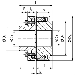 Elastische Nockenkupplung MAEPEX 3-teilig Grauguss Baugröße 250 Nenndrehmoment 2800Nm max. Drehmoment 8400Nm Außendurchmesser 250mm Gesamtlänge 203mm vorgebohrt 44mm, Technische Zeichnung