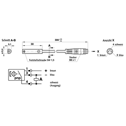 Magnetschalter induktiv pnp mit Stecker Kabellänge 0,3m , Technische Zeichnung