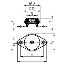 Maschinenfuß mit Abreisssicherung Durchm. 106mm Höhe 38mm Gewinde M12 Flansch oval, Technische Zeichnung