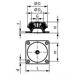 Maschinenfuß mit Abreisssicherung Durchm. 177mm Höhe 63mm Gewinde M20 Flansch quadratisch, Technische Zeichnung