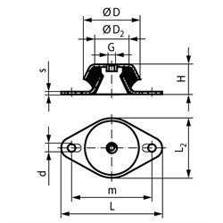 Maschinenfuß ohne Abreisssicherung Durchm. 108mm Höhe 50mm Gewinde M16 Flansch oval, Technische Zeichnung