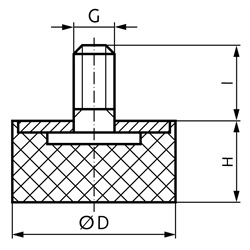 Gummi-Metall-Anschlagpuffer MGS Durchmesser 25mm Höhe 10mm Gewinde M6 x 18mm Edelstahl 1.4301, Technische Zeichnung