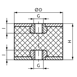 Metall-Gummipuffer MGI mit beidseitigem Innengewinde Durchmesser 50mm Höhe 40mm Gewinde M10x10 , Technische Zeichnung