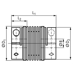 Metall-Balgkupplung MBL lange Ausführung beidseitig Bohrung 14mm Gesamtlänge 57,0mm Nabendurchmesser 31,0mm , Technische Zeichnung