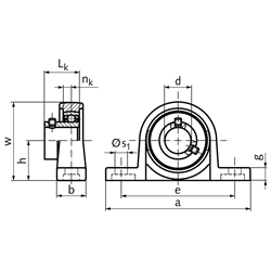 Kugel-Stehlager KP 08 Bohrung 8mm Gehäuse aus Zink-Druckguss, Technische Zeichnung