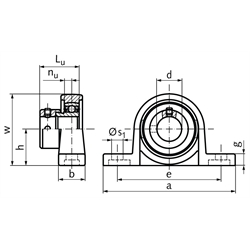 Kugel-Stehlager SSUP 005 Bohrung 25mm mit Exzenterring Gehäuse und Lager aus Edelstahl, Technische Zeichnung