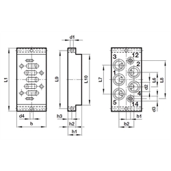 Einzelanschlussplatte VDMA 24345 , Form B Anschlüsse unten Norgren M/P19131 ISO 2, Technische Zeichnung