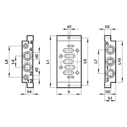 Einzelanschlussplatte VDMA 24345 , Form A Anschlüsse seitlich Norgren M/P19138 ISO 3, Technische Zeichnung