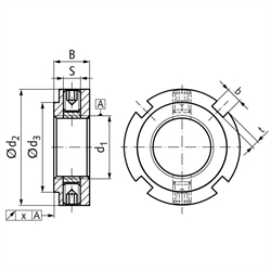 Präzisions-Nutmutter MZM 70 mit Sicherungsstiften Gewinde M70 x 2, Technische Zeichnung