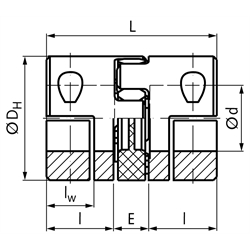 Elastische Kupplung RNH spielfrei Baugröße 48 Außendurchmesser 105mm Gesamtlänge 140mm Vorbohrung 20mm (kein H7) mit Zahnring 98° Shore rot, Technische Zeichnung