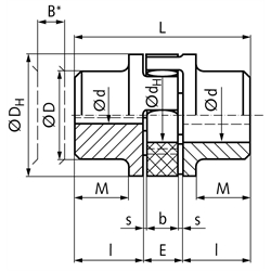 Elastische Kupplung RNG Grauguss Baugröße 28 max. Drehm. 190Nm Nenndrehm. 95Nm Außendurchmesser 65mm Gesamtlänge 90mm vorgebohrt 9mm , Technische Zeichnung