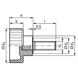 Rändelhohlschraube 421 M6 x 30mm lang Gewindestift Stahl verzinkt , Technische Zeichnung