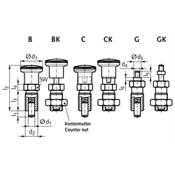 Rastbolzen 817 Form BK Bolzendurchmesser 5mm , Technische Zeichnung