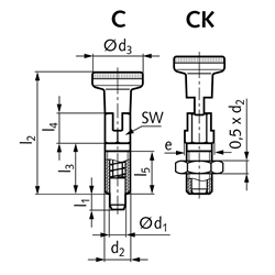 Rastbolzen 717 Form C Bolzendurchmesser 6mm Gewinde M12x1,5, Technische Zeichnung