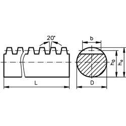 Rundzahnstange aus Stahl C45K Modul 5 Durchmesser 50mm h6 Länge 2000mm, Technische Zeichnung