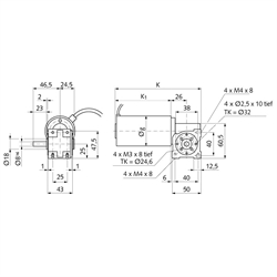 Schnecken-Kleingetriebemotor SG mit Gleichstrom-Permanentmagnetmotor 24V 28W n2=200/min i=15:1 Abtrieb Seite 1, Technische Zeichnung