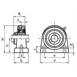 Kugelstehlager SS UCPA 202 Bohrung 15mm Gehäuse und Lager aus Edelstahl, Technische Zeichnung