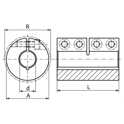 Geschlitzte Schalenkupplung MAS beidseitig Bohrung 10mm ohne Nut Stahl C45 brüniert mit Schrauben DIN 912-12.9 , Technische Zeichnung