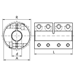 Geteilte Schalenkupplung MAT beidseitig Bohrung 20mm ohne Nut Stahl C45 brüniert mit Schrauben DIN 912-12.9 , Technische Zeichnung