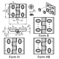 Scharnier M127 aus Zink-Druckguss, justierbar, Form H, 76x60mm, Technische Zeichnung