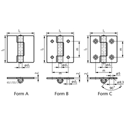 Blechscharnier M136 aus Edelstahl 1.4301, Form A, 40x40mm, Technische Zeichnung