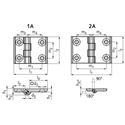 Scharniere M237L, mit verlängerten Flügeln, Edelstahl, Technische Zeichnung