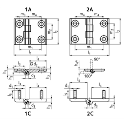 Scharniere M237L, mit verlängerten Flügeln, Zink-Druckguss, Technische Zeichnung