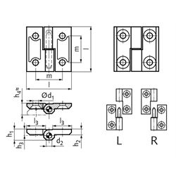 Scharnier M337 aus Zink-Druckguss, aushängbar, Form L, 60x60mm, Technische Zeichnung