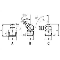 Hydraulik-Kegel-Schmiernippel DIN 71412 Form B - H2 M8x1 keg, Technische Zeichnung