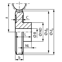 Schneckenräder aus Bronze, zweigängig rechts, Modul 1, Technische Zeichnung