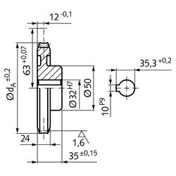 Schneckenräder - Achsabstand 63 mm, Technische Zeichnung