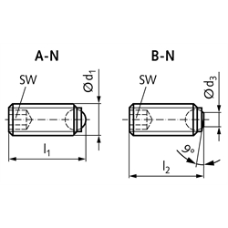 Kugeldruckschraube Edelstahl Form B-N M6 x 25mm , Technische Zeichnung