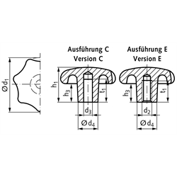 Sterngriffe DIN 6336 aus Grauguss, Technische Zeichnung