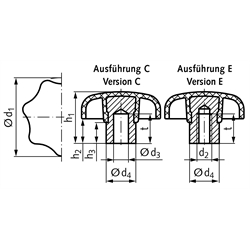 Sterngriff ähnlich DIN 6336 Ausführung C Bohrung 6H7 , Technische Zeichnung
