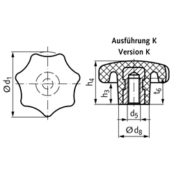 Sterngriff ähnlich DIN 6336 aus Kunststoff Ausführung K Durchmesser 40mm , Technische Zeichnung