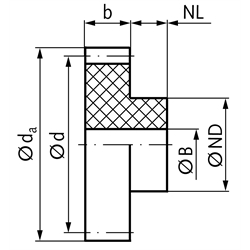 Stirnzahnrad aus POM mit Nabe Modul 0,5 114 Zähne Zahnbreite 4mm Außendurchmesser 58mm , Technische Zeichnung