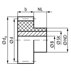 Stirnzahnräder Kunststoff PA 12 G schwarz mit Stahlkern, Modul 1,5, Technische Zeichnung