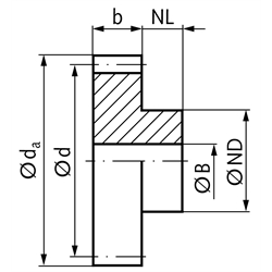 Stirnzahnräder aus Stahl, Modul 2  Zahnbreite 16 mm, mit Nabe, Technische Zeichnung