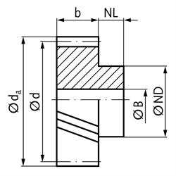 Stirnzahnrad aus Messing Ms58 mit Nabe Modul 0,5 34 Zähne Zahnbreite 10mm schräg verzahnt 20° rechtssteigend Außendurchmesser 19,1mm, Technische Zeichnung