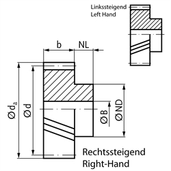 Stirnzahnrad aus C45 mit Nabe Modul 1 40 Zähne Zahnbreite 10mm schräg verzahnt 20° rechtssteigend Außendurchmesser 44,6mm, Technische Zeichnung